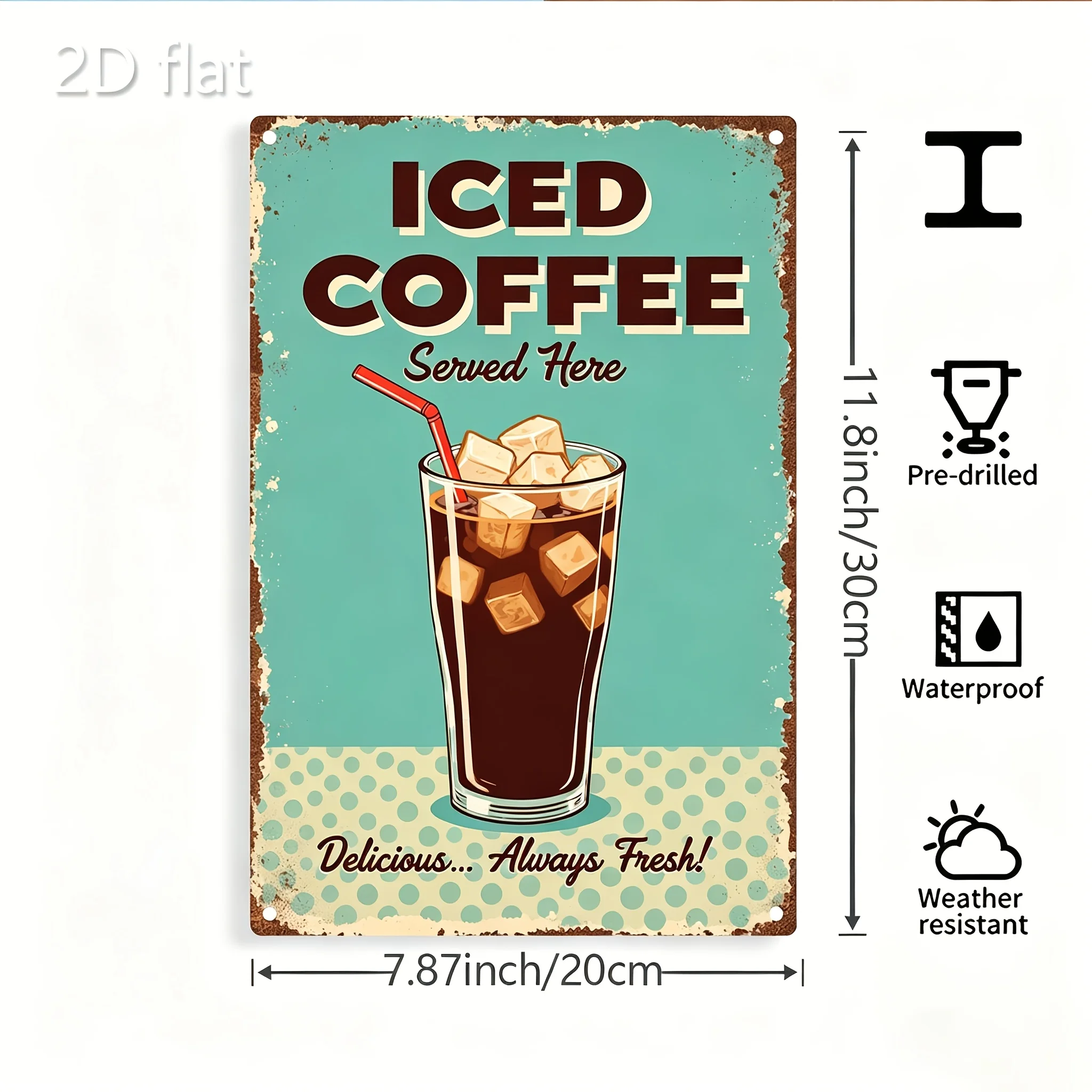 2D Flat, 1pc Vintage Iced Coffee Wall Art Sign - 