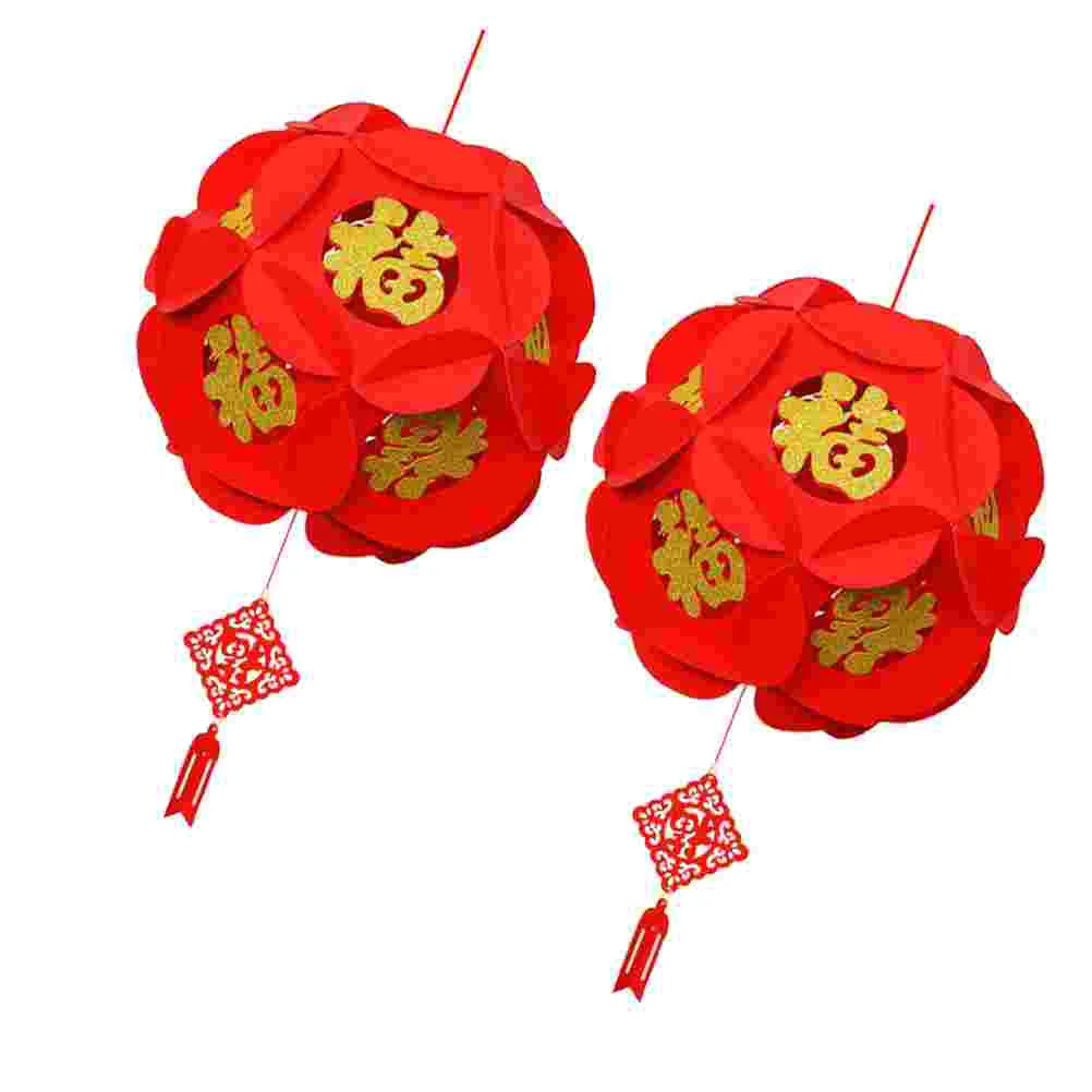 2pcs Non-woven Fabric Chinese Lanterns Festive Red Hanging Lantern Pendent Decor for New Year Spring Festival with Golden Charac
