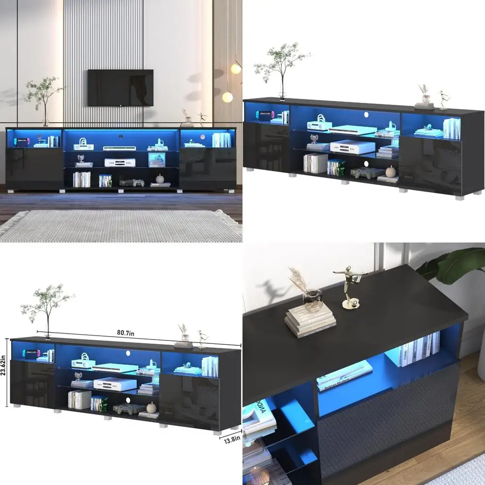 LED TV Stand for 75-90 Inch TVs, Modern Media Console with Drawer and LED Lights, High Gloss Finish, Large Television Table Cent