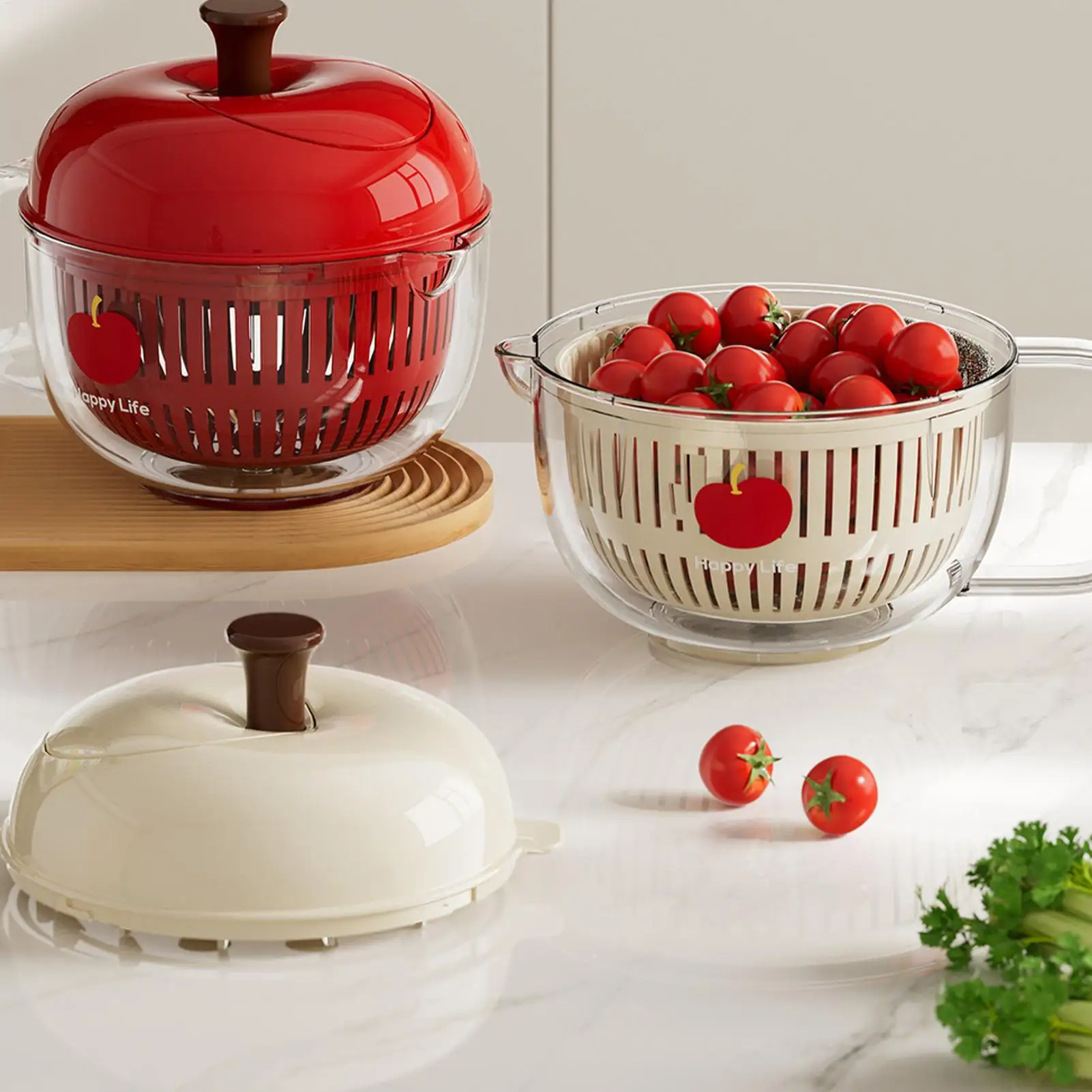 Fruit Cleaner Bowl Strainer Cleaning Container Berry Washer Applee-Shape Salad Spinner Manual Fruit Vegetable Drain Basket view 2