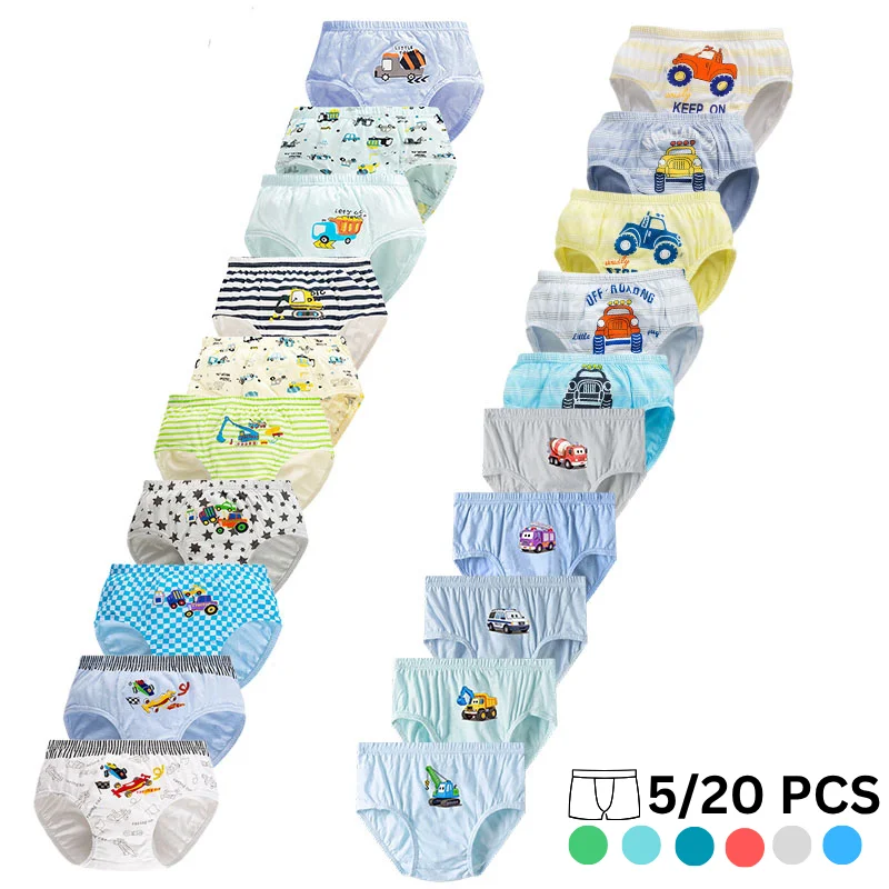 5/20Pcs Children Triangle Underwear Soft Cotton Boys Briefs Cartoon Race Cars Trucks Excavator Off-road Vehicle Print Underpants