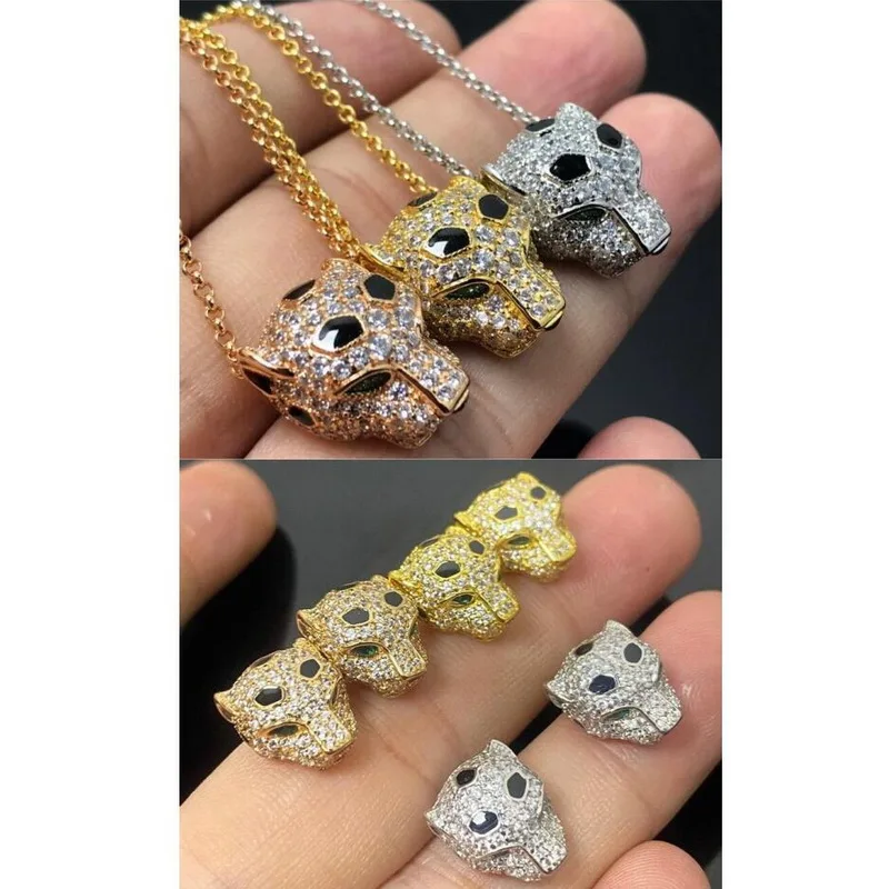 

Designer Collection Style Necklace Stud Earrings Women Lady Green Eyes Inlay Full Zircon Leopard Head Pendant Jewelry Sets