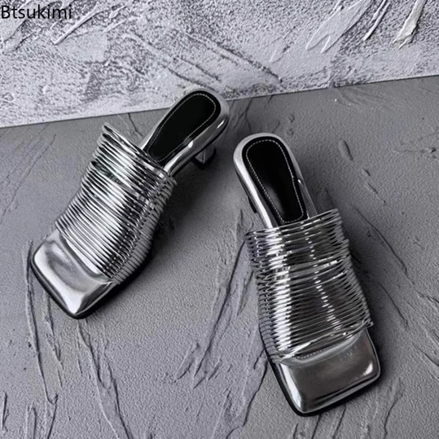 جديد 2025 الصيف المرأة ساحة تو خنجر الصنادل لامعة بلون عالية الكعب عادية نصف أحذية مفتوحة للنساء الصنادل #4