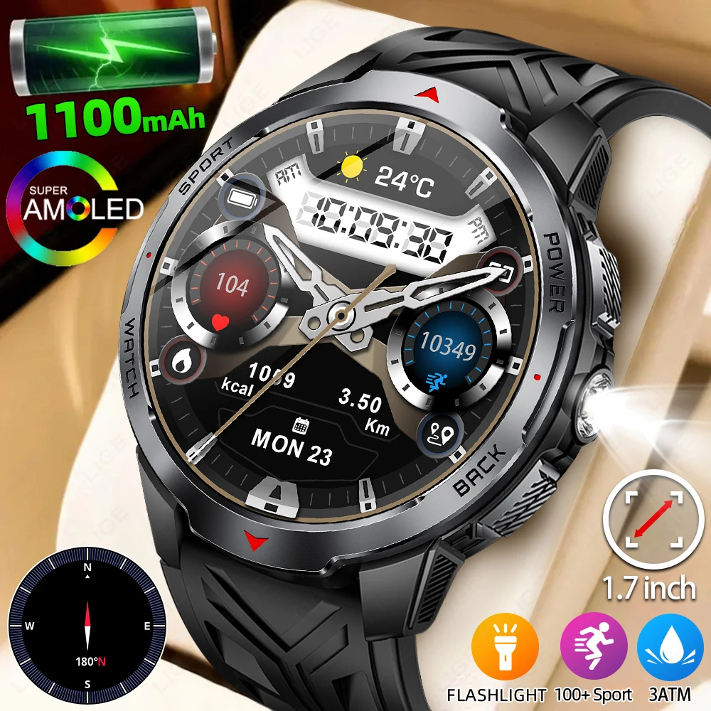 

LIGE New 1100mAh Large Battery Sports Smart Watch Men Waterproof BT Call Smartwatch Men Sleep Heart Rate Monitor Compass Watches