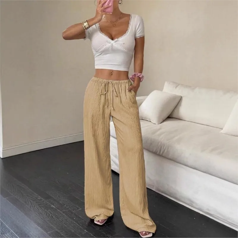 

simple Daily Straight Wide Leg Pants 2026 Summer High-waisted Lace-up Ruffled Pleated Floor Length Pants Casual Loose Trousers