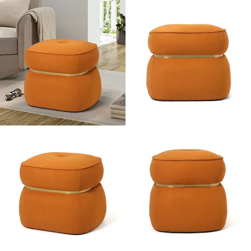 Modern Yellow Tufted Fabric Ottoman Stool with Gold Accessories for Living Room and School Use