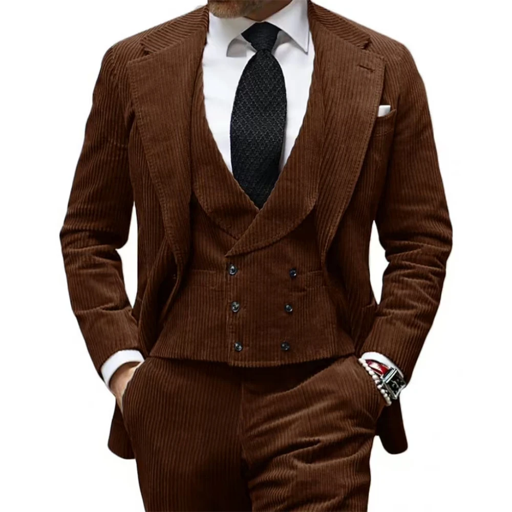 Elegant Men's Suit Corduroy Formal Three-Piece Blazer Vest Pants Set Notch Lapel Tuxedo Wedding Evening Party