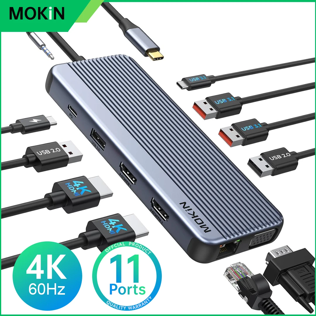 

MOKiN 11 in 1 Triple Display USB C Hub Multiport Adapter, 4K HDMI,10Gbps USB3.1,Ethernet,SD&TF,100W PD dock,for MacBook/Dell/HP