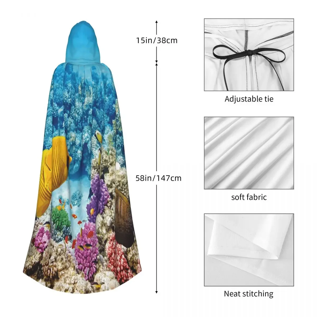 Custom Underwater Coral Reef Long Hooded Cloak Witch Medieval Costume Cosplay Cape HalloweenVampire Adult Unisex