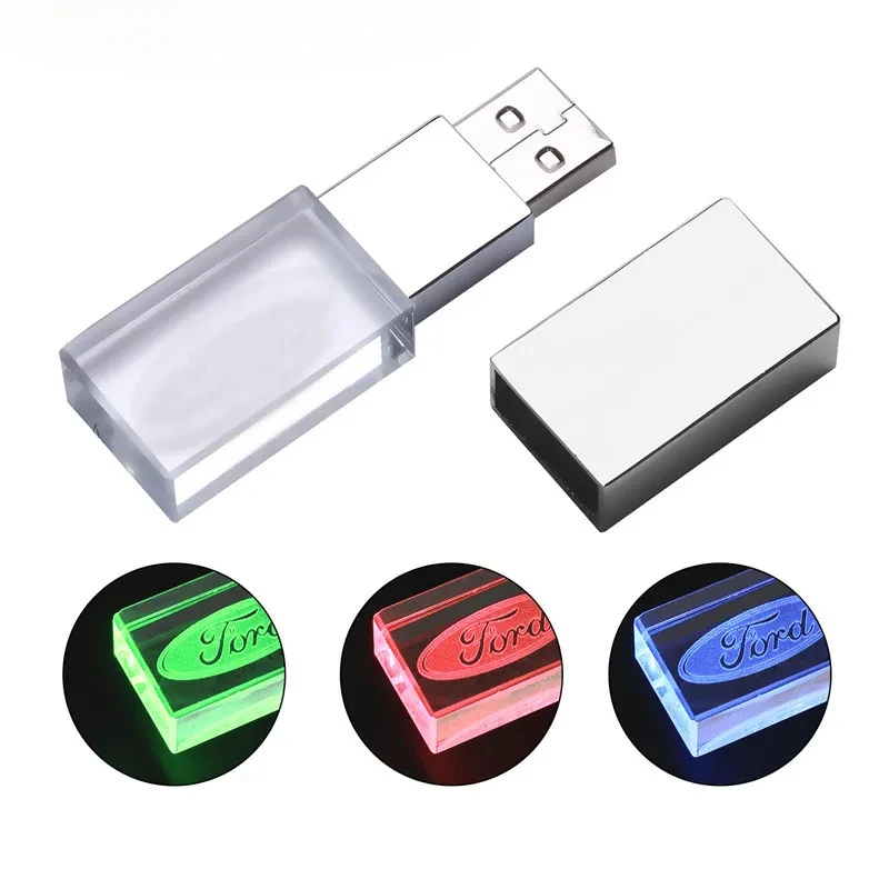 JASTER USB Flash Drive Creative Crystal 64GB with Red Blue Green Light 32GB 16GB Free Logo Pen Drive New Car Gift Memory Stick