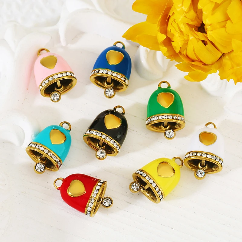 

2pcs Stainless Steel Enamel Small Bell Charm Rhinestone Heart Bell Shape Pendant DIY Earrings Necklace Jewelry Making Findings