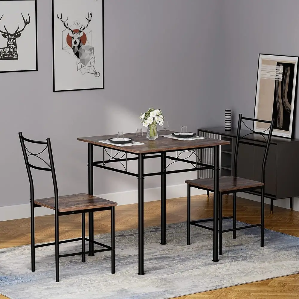 Compact 3-Piece Dining Set: Iron and Wood Square Table with 2 Chairs for Kitchen & Dining Room