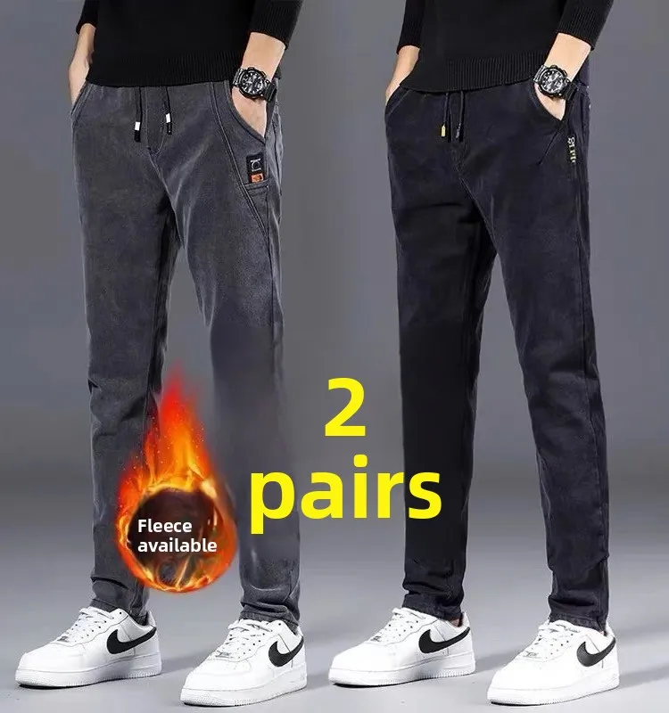 

Men's Fce Lined Thi Straight Leg Jeans Elastic Waist Casual Long Trousers Autumn Winter Denim Cotton Stretch mid Waist H...