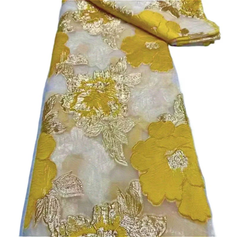 

Удобная жаккардовая ткань желтой парчи элегантно и элегантно для шитья женской свадебной вечерней одежды, вечерней одежды на 5 ярдов.