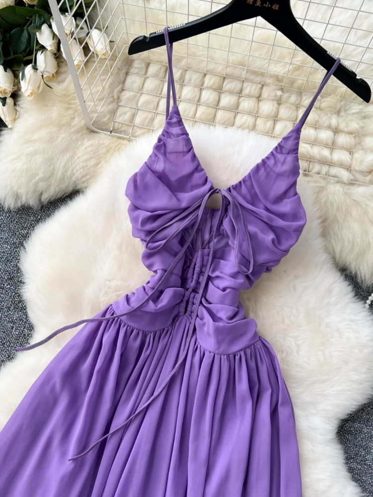 Women Purple Long Dress Summer Hollow Sexy V-neck Hanging Beach Dresses French Pleated Backless Boho Long Robe Vestidos