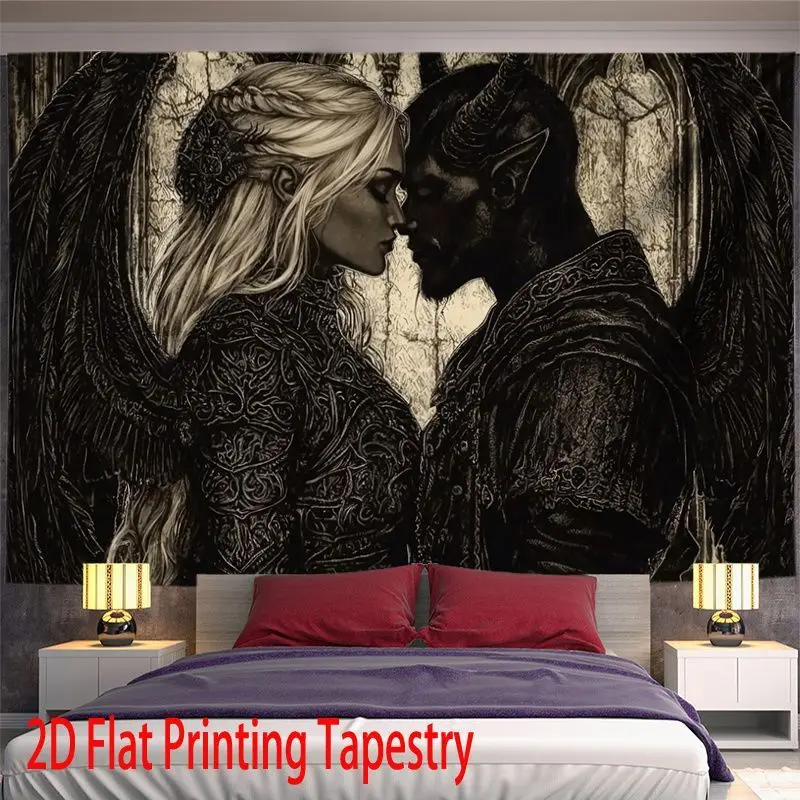 Yin Yang Double Wolf Angel Devil Couple Tapestry Living Room Bedroom Wall Hanging Gothic Nordic Home Decoration