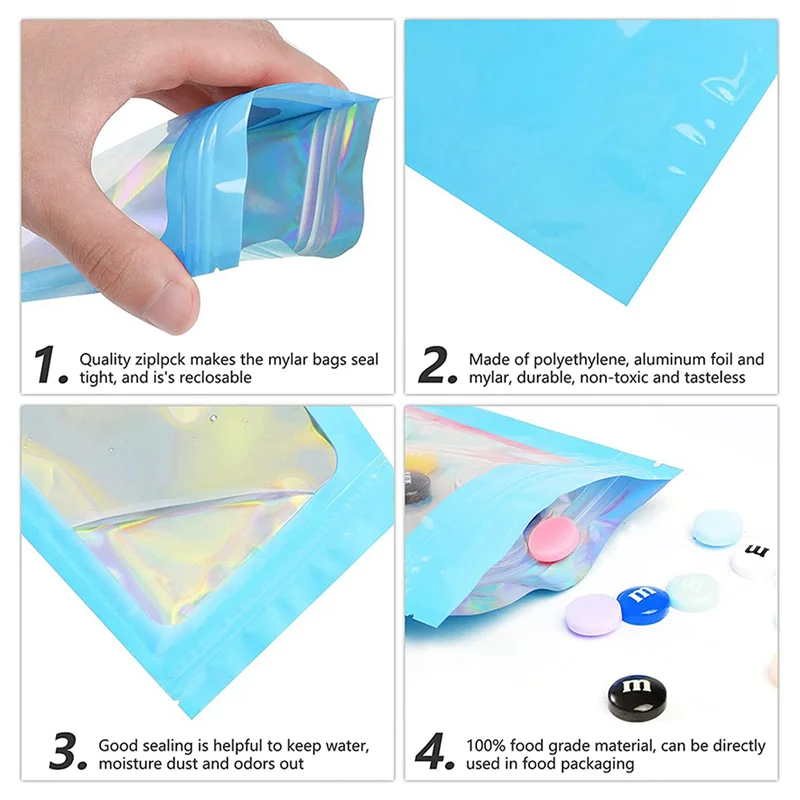 QWE-200 ชิ้น Resealable กระเป๋าโฮโลแกรม, กลิ่น Mylar กระเป๋าใสสําหรับเก็บอาหาร Party Favor ธุรกิจ