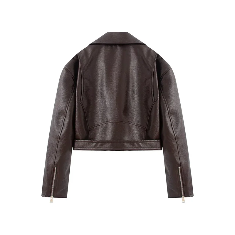 KEYANKETIAN2026 Faux Leather Biker Jacket Lapel Collar Diagonal Zipper Belted Waist Multi‑Zipper Pockets Cropped Women Moto Coat