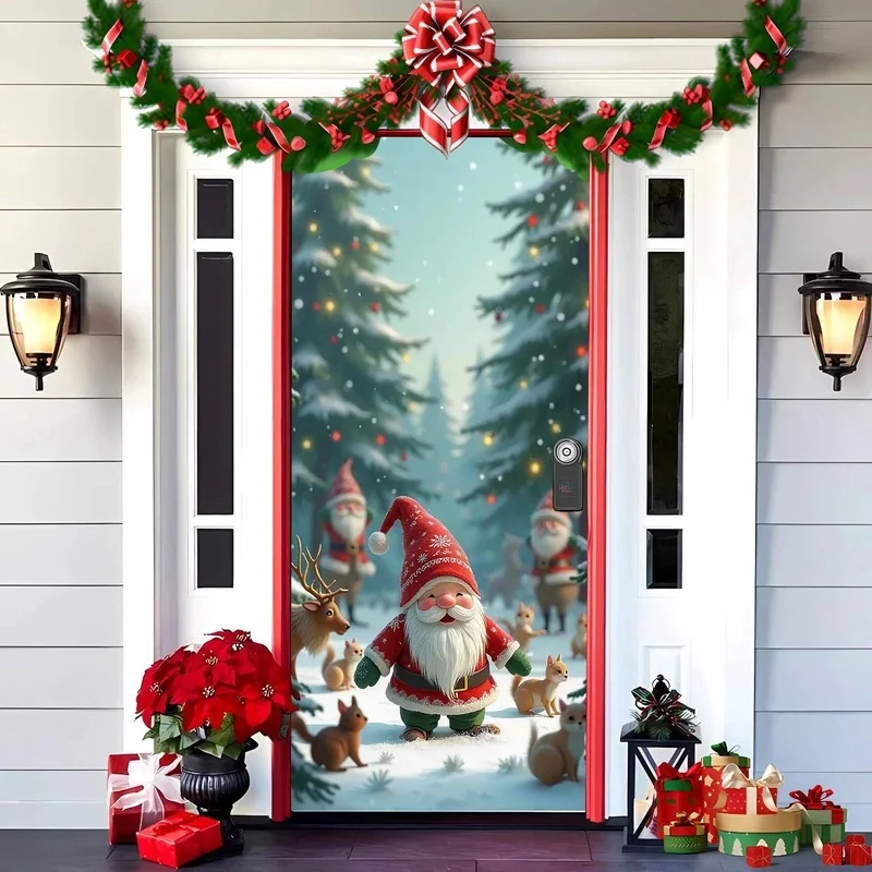 VIKAMA Christmas Gnome Door Banner, Cute Santa Gnome Reindeer Squirrel Snowy Forest Xmas Front Door Hanging Curtain Decor