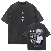 Camiseta Vintage lavada de Anime Hunter X Hunter, camisetas gráficas Killua Zoldyck, camisetas informales de algodón de gran tamaño con cuello redondo para hombres y mujeres