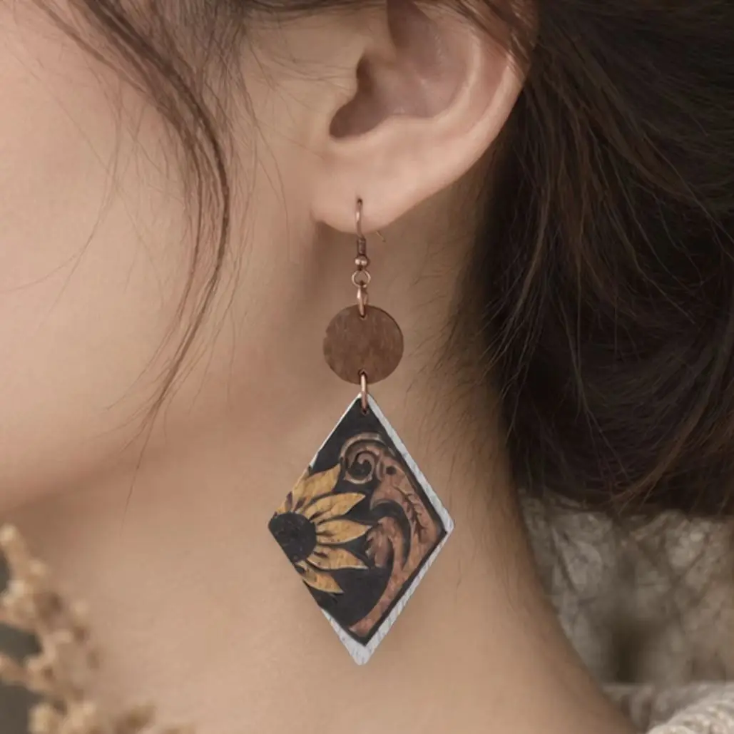 Western Wooden Dangle Earrings for Women Cowgirl Cow Skull Sunflower Diamond Drop Earrings Boho Lightweight Jewelry Gift