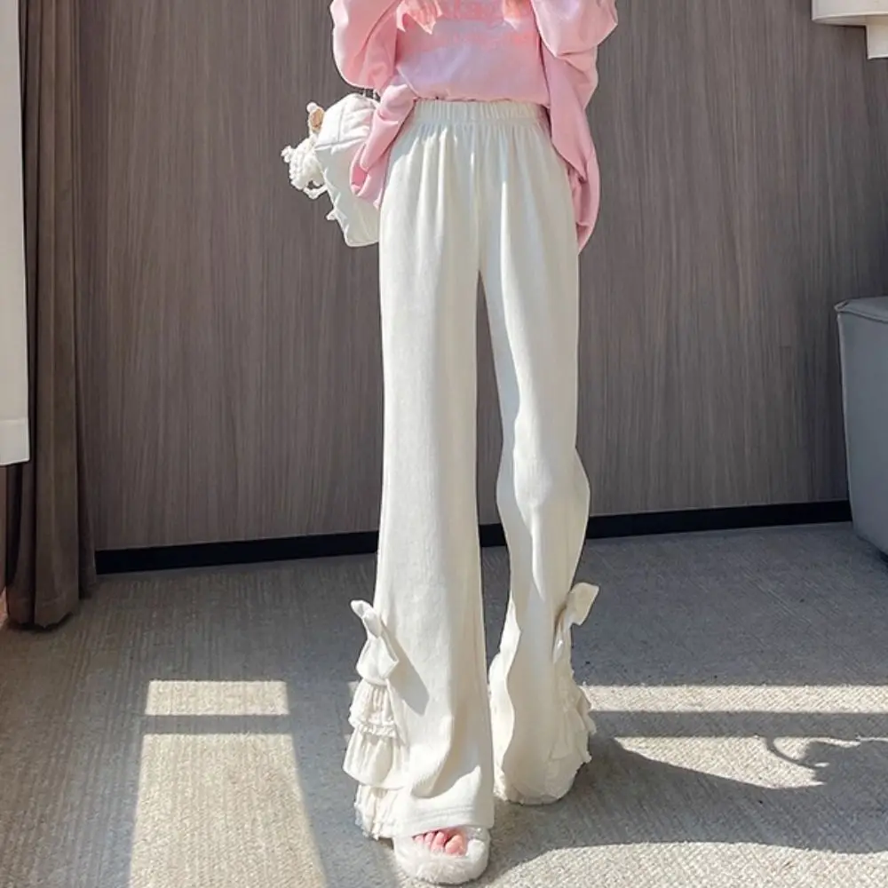 

Loose Young Women Corduroy Micro Flared Pants High Waist Baggy Lace Bow Flared Pants Casual Sweet Wide Leg Trousers Party