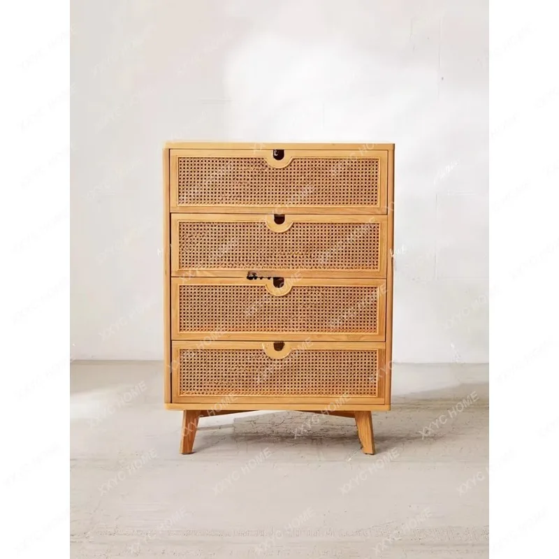 XX solid wood rattan four chest cabinet retro simple wall cabinet