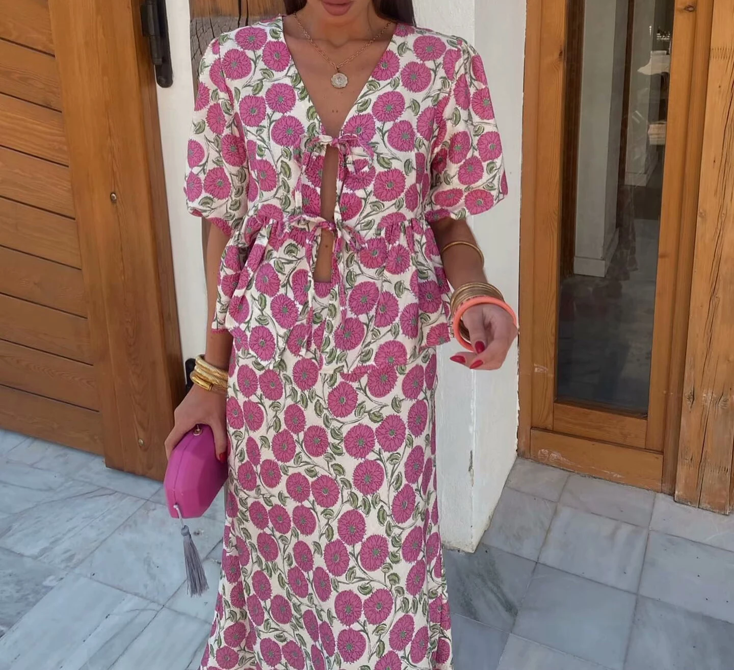 Conjunto de moda de primavera con csa estampada con lazo de mariposa dulce y falda entallada de cintura alta, ropa ele...