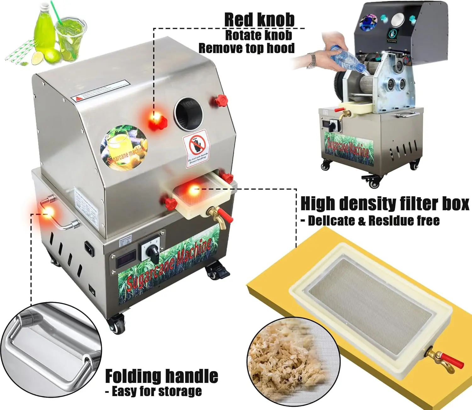 عصارة قصب السكر الكهربائية 24 فولت تيار مستمر/110 فولت تيار متردد، عصارة عصير من الفولاذ المقاوم للصدأ ذات 3 أسطوانات، آلة استخراج قصب السكر للمنزل