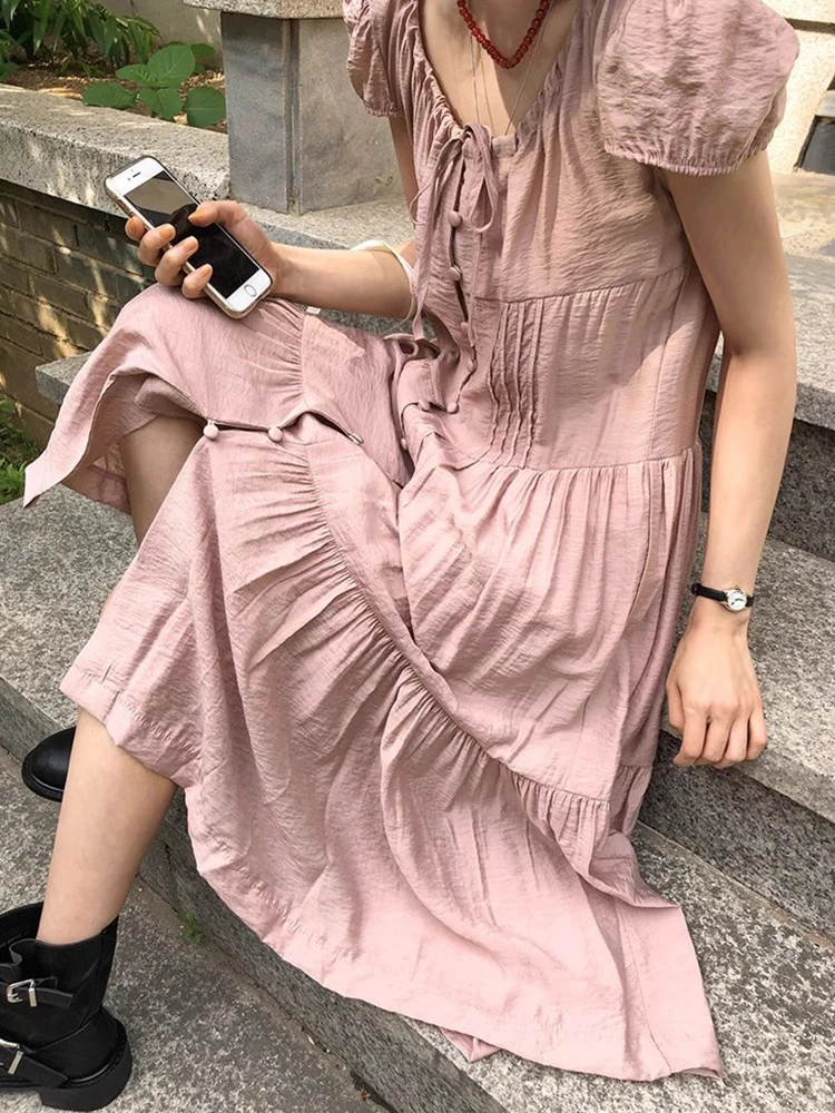 Falda Larga de Verano para Mujer, Estilo Dulce y E, con Pliegues, Manga Abullonada, Color Puro, Estilo Coreano, Cintur...