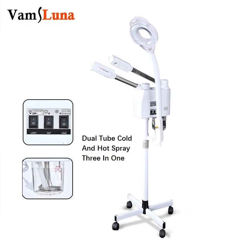 3 in 1 Hot And Cold 2 Spray-Heads Facial Steamer With 8X Magnifying Lamp Ring Light Vapor Ozone Vaporizer Spa Tools For Salon