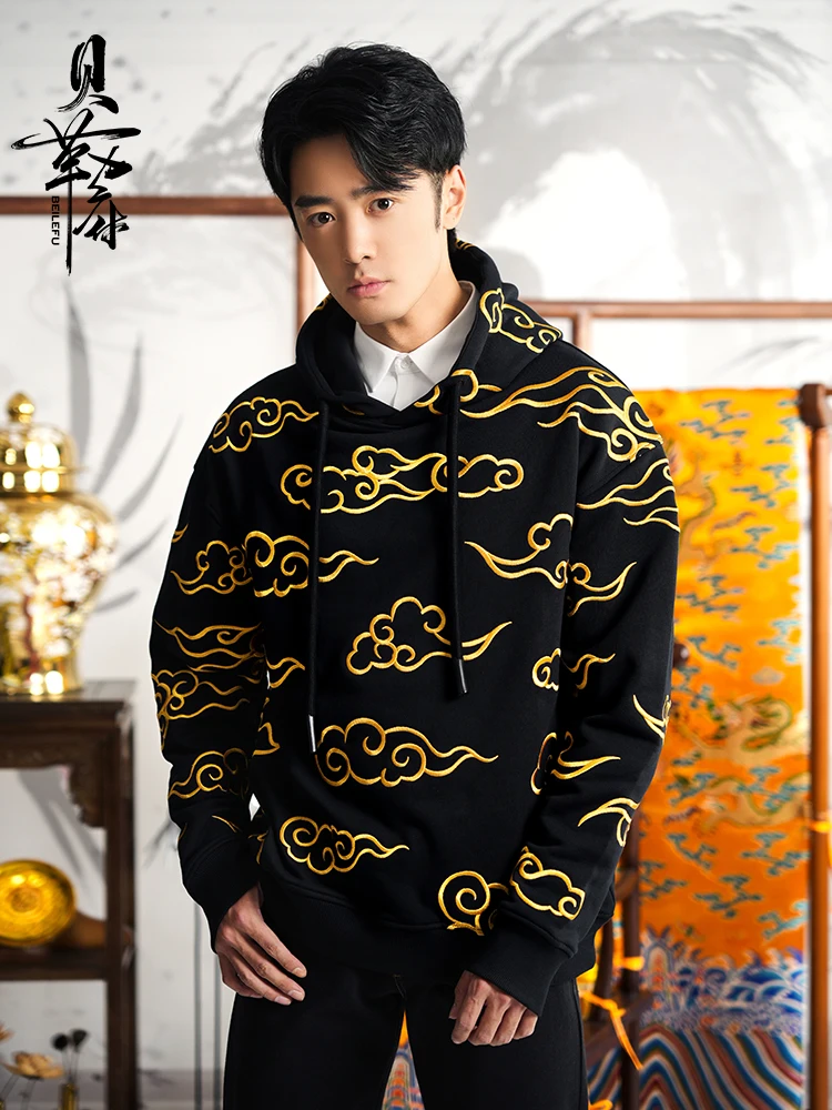 Chinese Style Sweatshirt Men Gold Moir Embroidery Hooded Fall And Winter Pullover New Plus Size