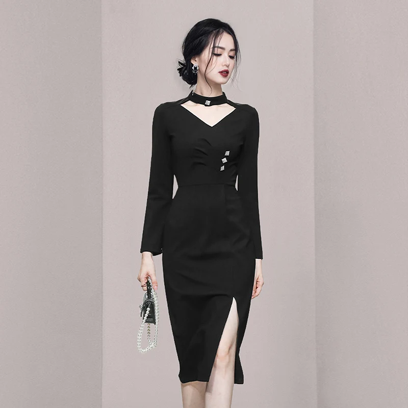 

2022 New Fashion Runway Women Black Split Dress Spring V Neck Long Sleeve Female Hepburn Style Office Ladies Slim Vestidos