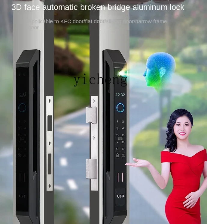 cc29Automatic Broken Bridge Aluminum Fingerprint Lock 3D Face Recognition Horizontal Shift Sliding Door Smart Lock view 3