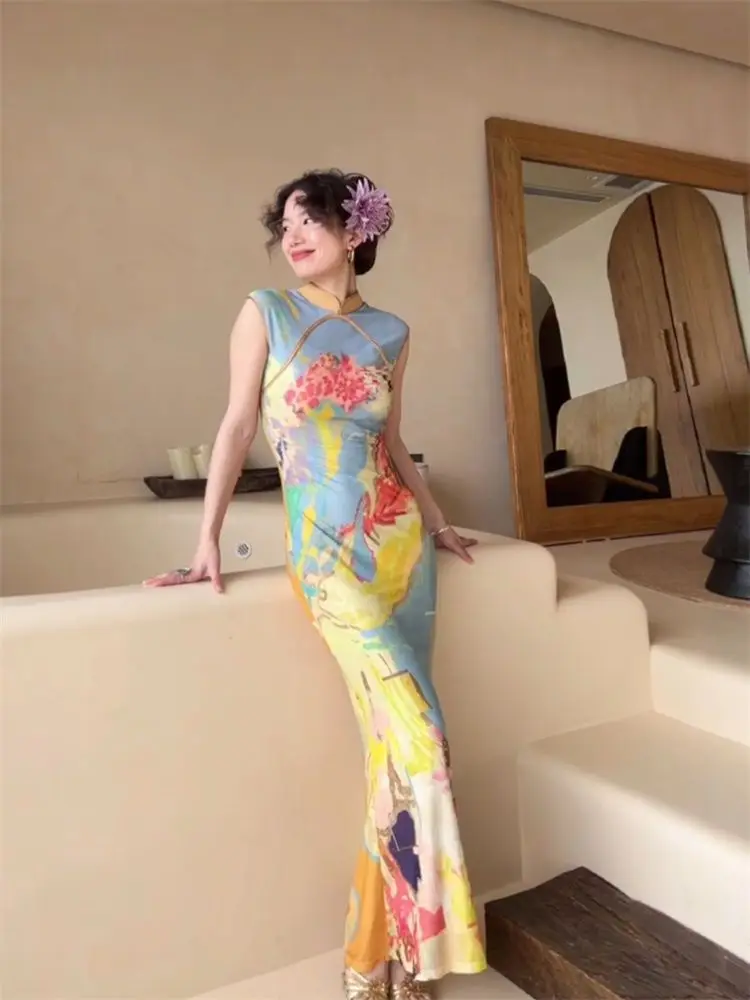 Women's Midi Long Dresses Sleeveless Bodycon Slim Elegant Summer Chinese Cheongsam Style Printed Dress y2k maxi boho vestidos