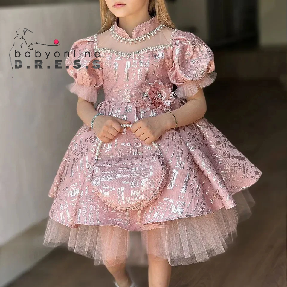 BABYONLINE Customzied parking Sequins Ball Gown with Pearls Stones Tiered Tulle Skirt  Flower Girl Dress Birthday Party