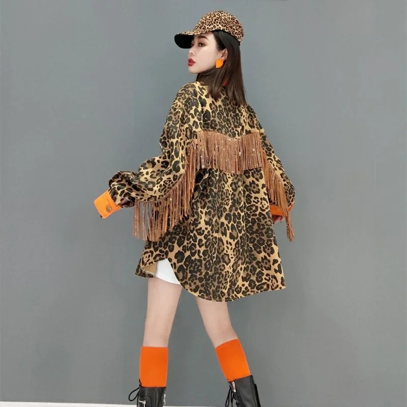Spring Leopard Print Women Shirts Blouses Loose Single-Breasted Turn-Down Collar Casual Jacket Female Tassel Patchwork Coats