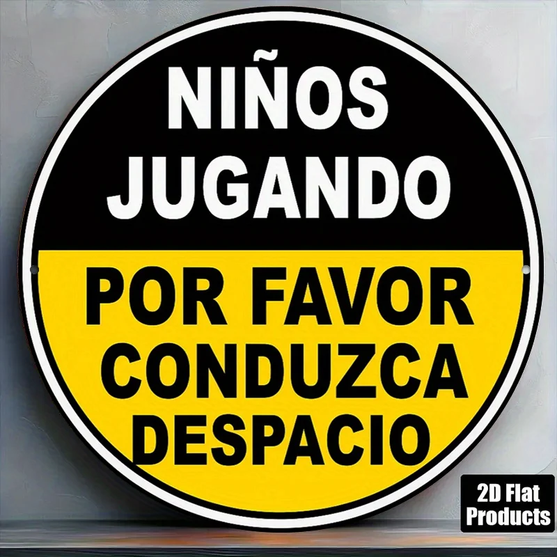 Letrero de Aluminio Vintage Español de 8x8 Pulgadas con Diseño 2D Plano de Niños Jugando Lentamente - Decoración Retro de Advertencia de Seguridad para Garaje, Jardín