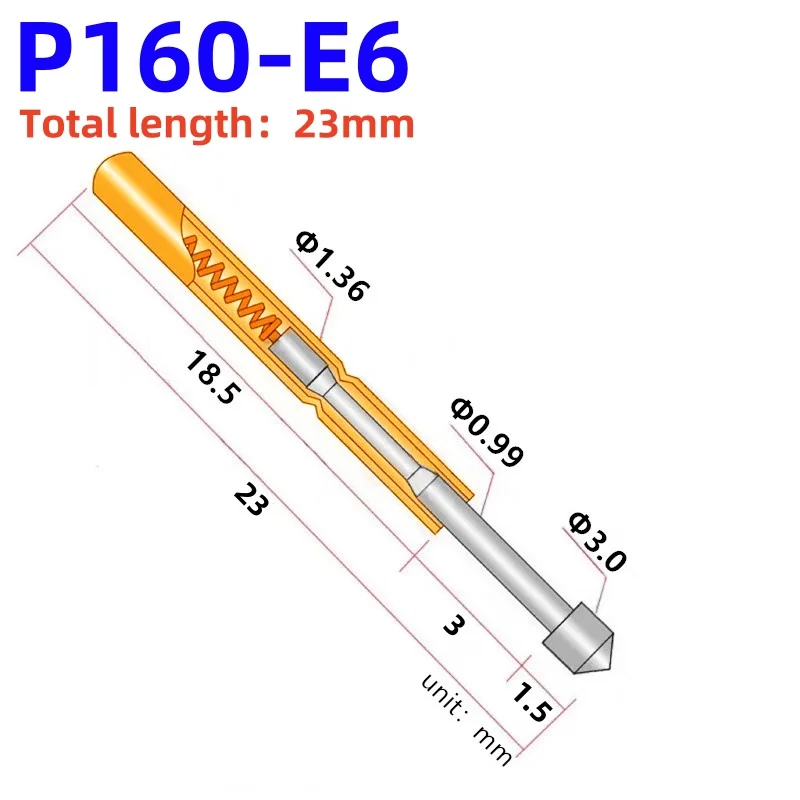 100PCS Spring Test Probe P160-E6 Test Pin P160-E Brass Test Probe Pogo Pin Sleeve Length 23mm Pin Head Dia 3.0mm PCB Test Tool