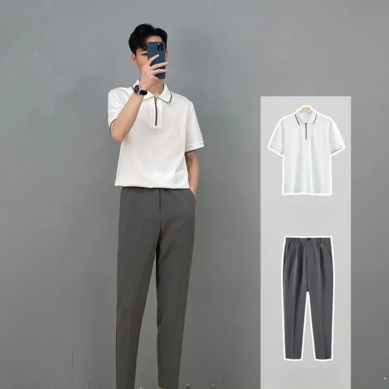 

Nylon Male T Shirt Trousers Sets Polo Zipper Two-piece Cheap Clothes Aesthetic Korean Style 2025 Tee Elastic Men's Pants Set