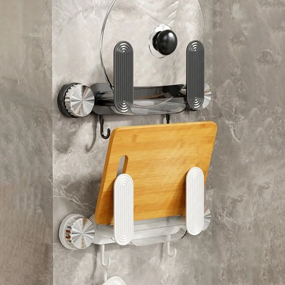 

Plastic Suction Cup Pot Lid Holder Wall Mounted Space Saving Pot Cover Rack Waterproof with Hooks Cutting Board Holder for Home
