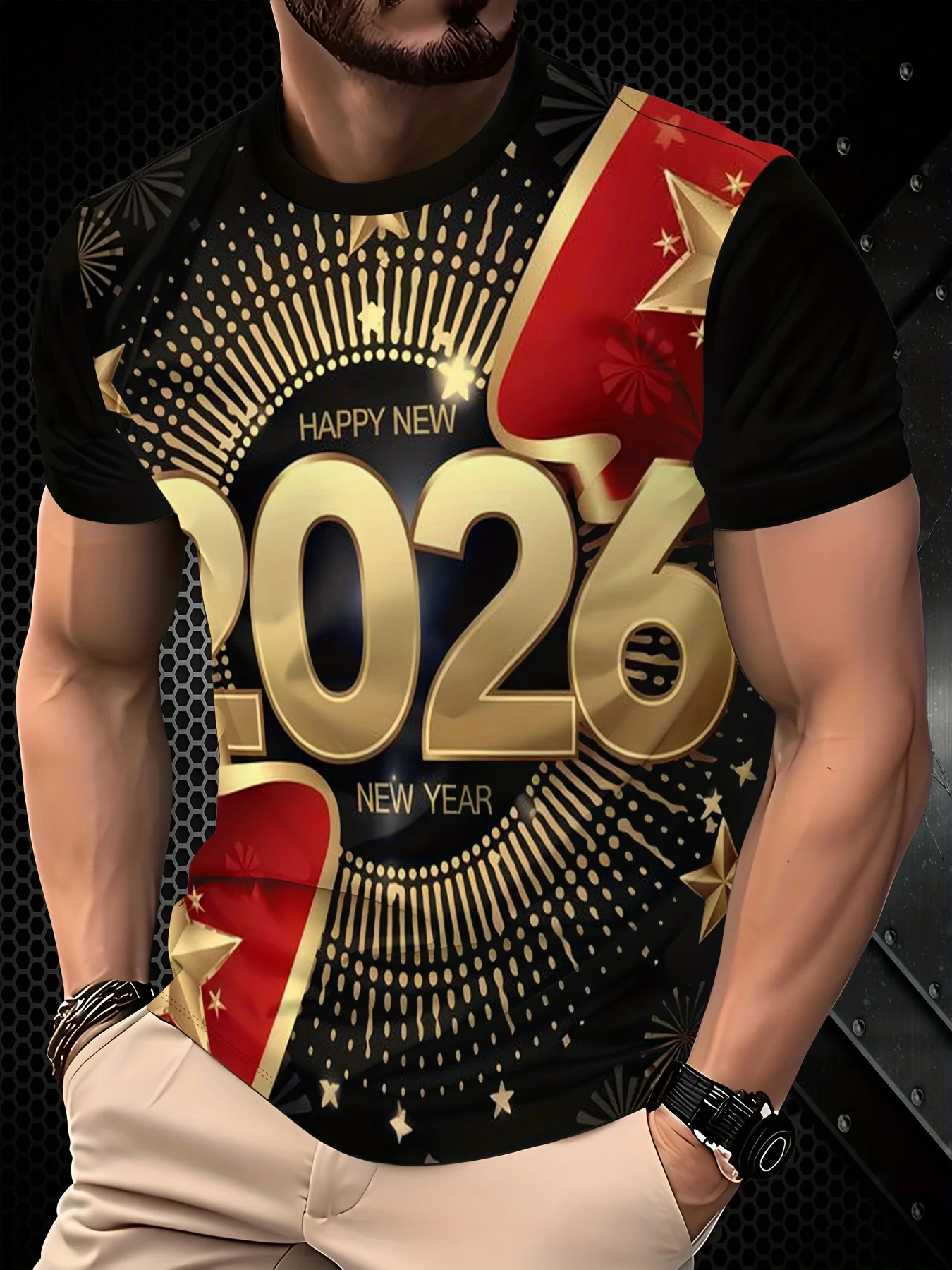 Men Crew Neck T-Shirt, 2026 Happy New Year Golden Numerals and Star Firework All Over Print Short Sleeve Tee