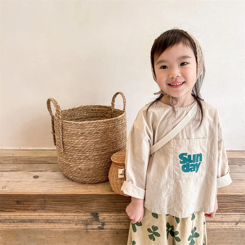 2025 Spring Autumn Children's Clothing New Girl's Long Sleeves Shirt Japanese and Korean Hemp Cotton Letter Printed Pocket Shirt