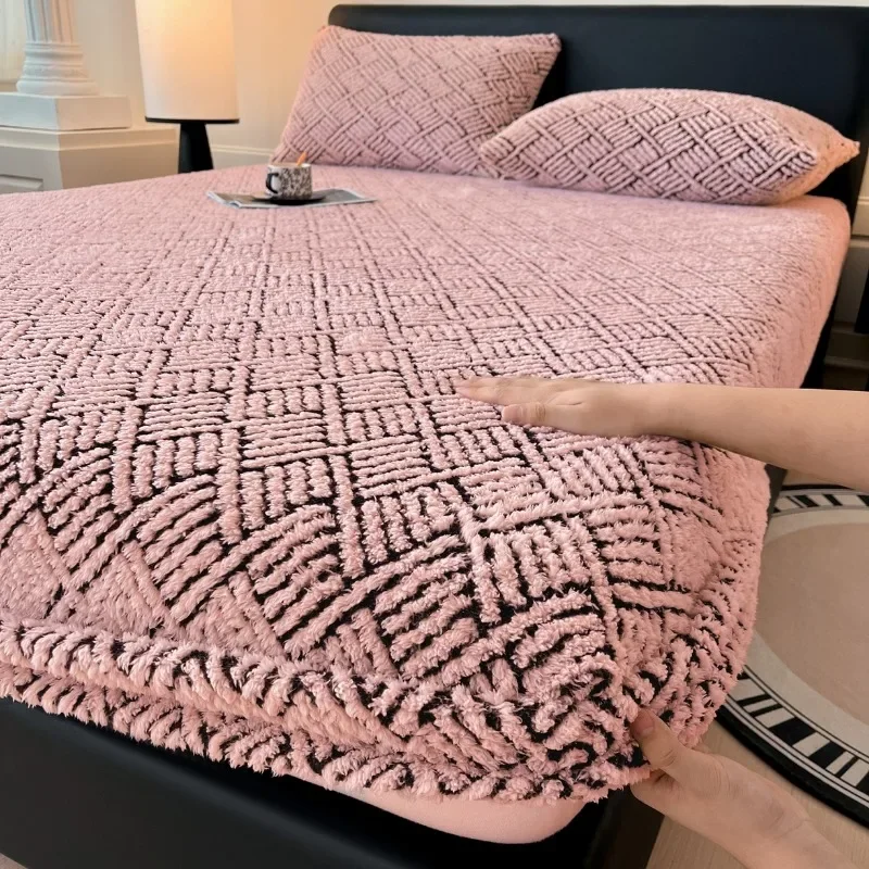 2025 new solid color carved fleece fitted sheet non-slip winter fleece mattress protective cover, no pillowcases and mattresses
