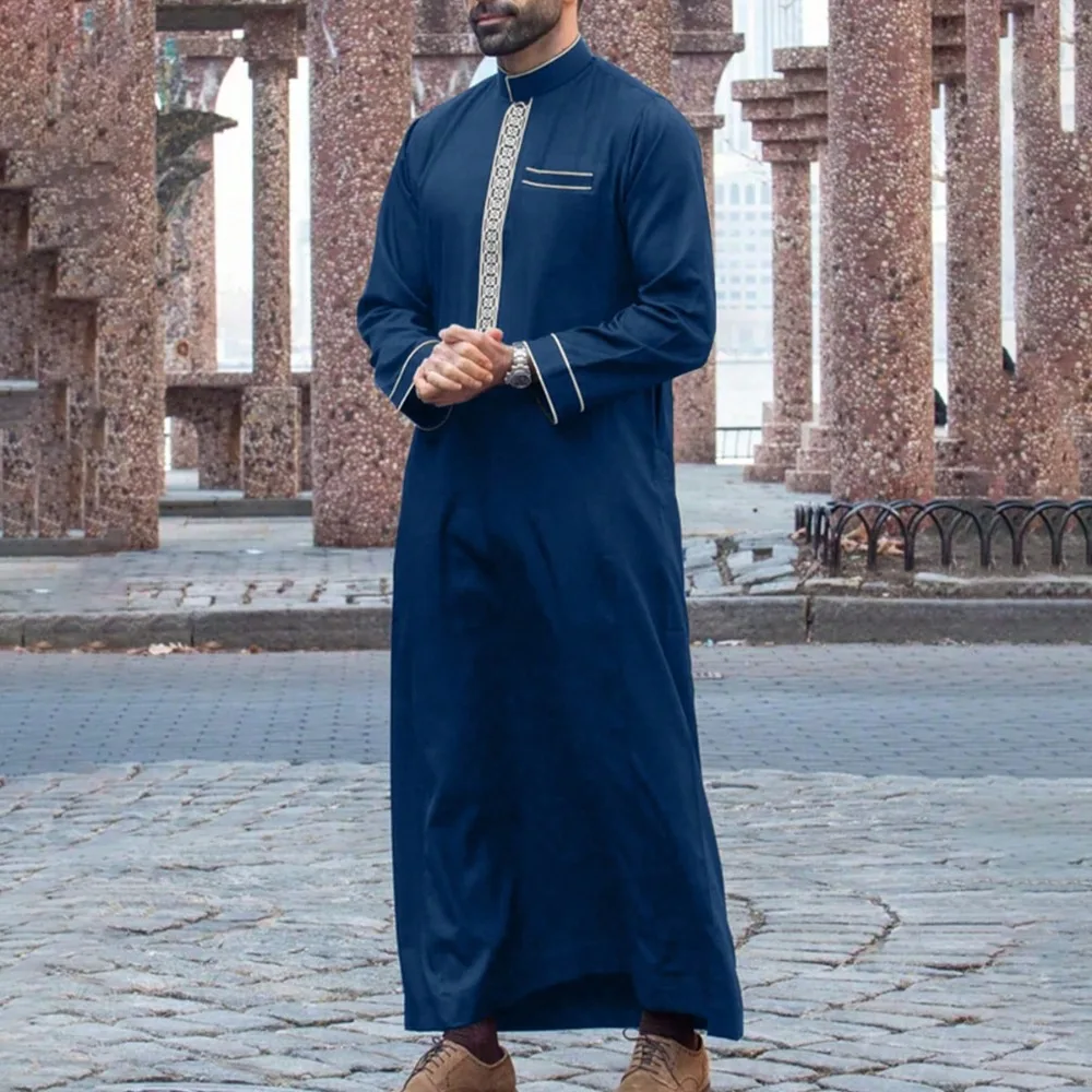 New Middle Eastern Men's Robe, Long Sleeve Embroidered Stand Collar, Loose Arabic Muslim Style Exudes Dignity