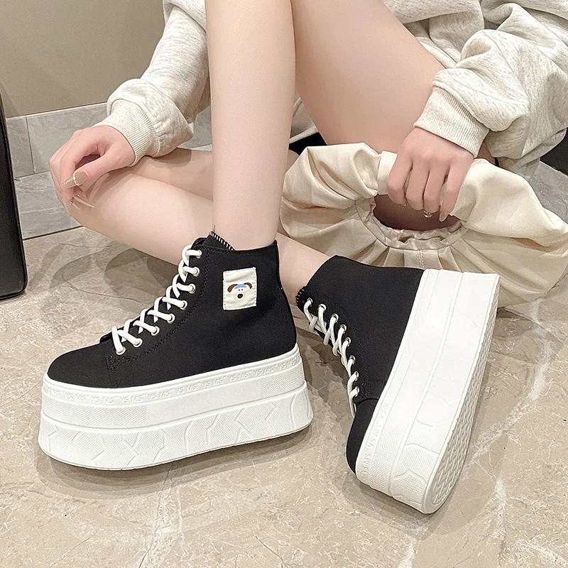 Women's Canvas Thick Bottom Heightening Platform Sneakers Spring New Style Breathable High Top Casual Sports Single Shoes - view 5
