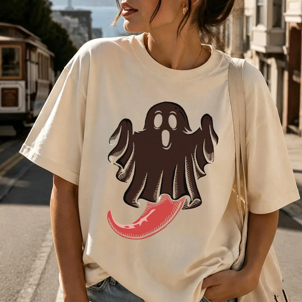 Funny Ghost Chili Pepper Lover Graphic T-Shirt Short Sleeve Cotton Summer Spooky Halloween Retro Novelty Gift Men Women Tee