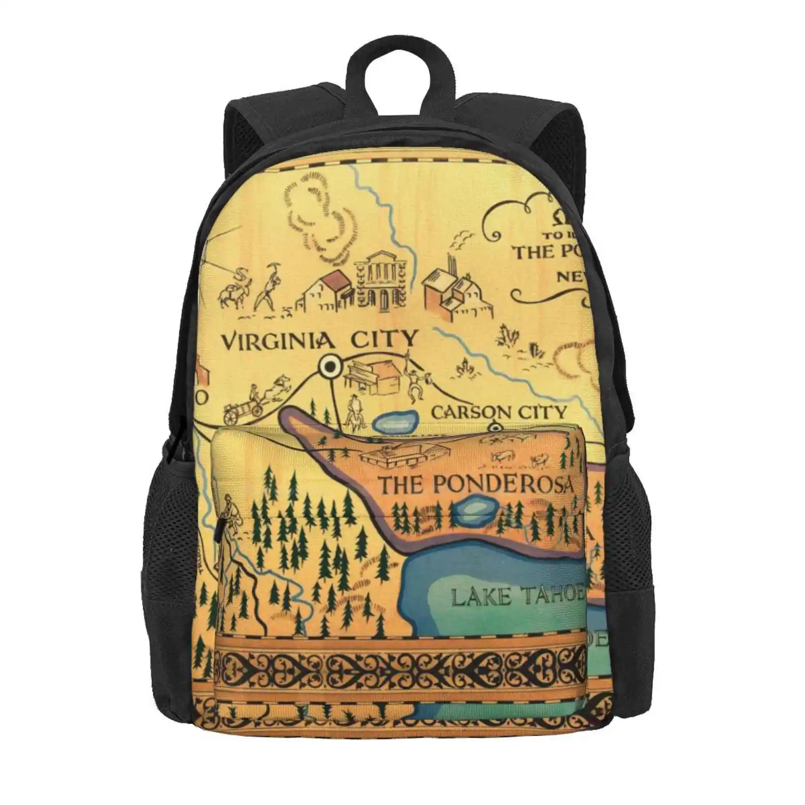 Map Of The Ponderosa From 'Bonanza' Hot Sale Schoolbag Backpack Fashion Bags Tv Show Ponderosa Bonanza Classic Tv Old Map Usa