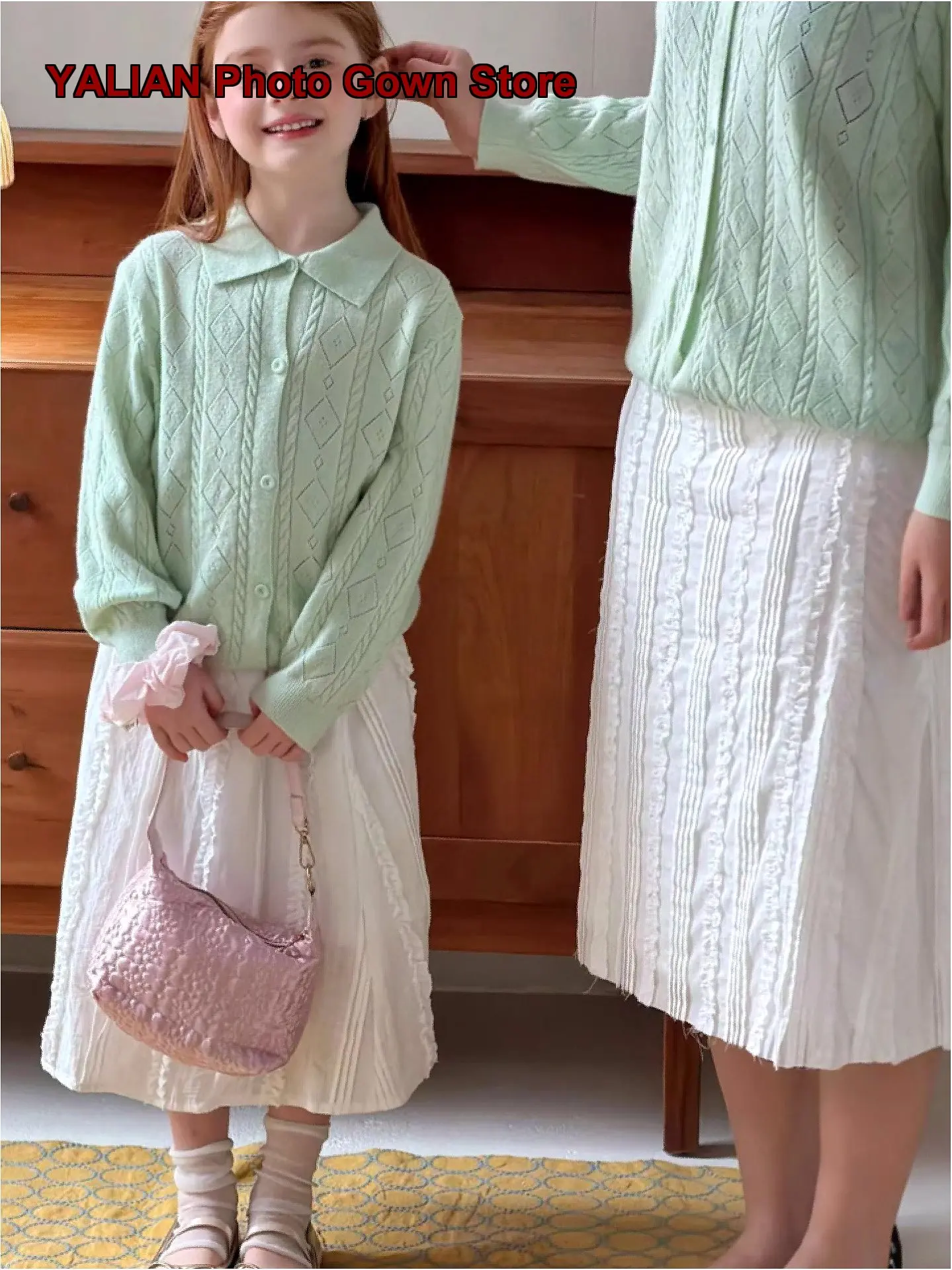 Girls Knit Coat Mother Daughter Matching Outfit Spring Autumn V-Neck Geometric Pattern Thin Lightweight Jacket
