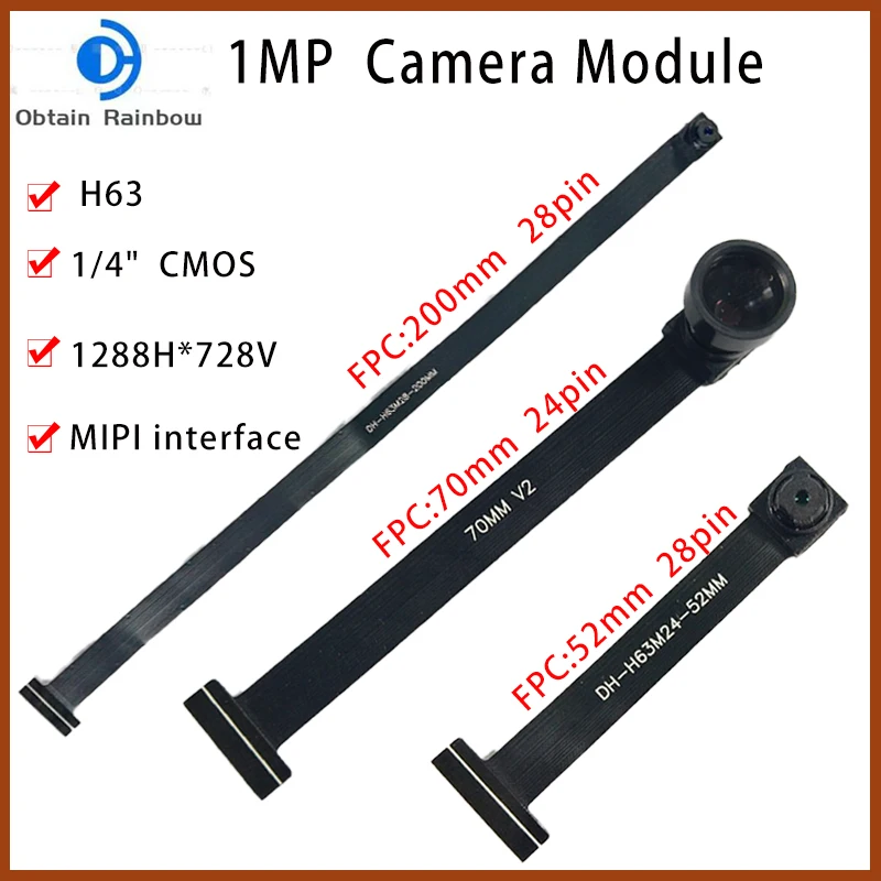 H63 Camera Module 80 Degrees 1MP 1280*720 MIPI SPI DVP 24/28 Pin Interface 1/4 Lens 52MM Length